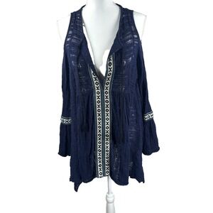 Free People Tunic Top Boho Blue Bell Sleeve Embroidery Sz SP Hippie